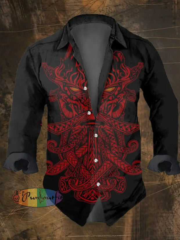 Men’s Vintage Viking Print Lapel Shirt Multicolor / S