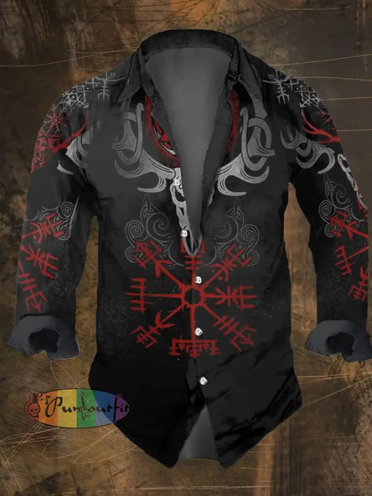 Men’s Vintage Viking Print Long Sleeve Shirt Multicolor / S