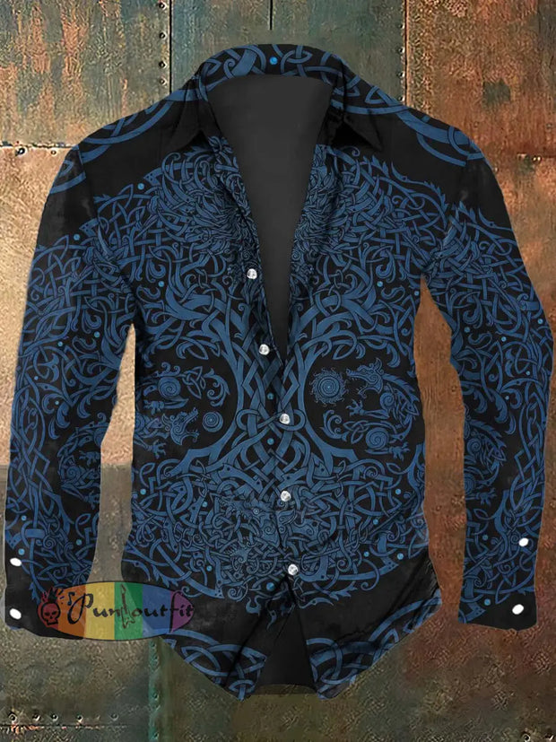 Mens Vintage Viking Totem Print Long Sleeve Shirt As Picture / S