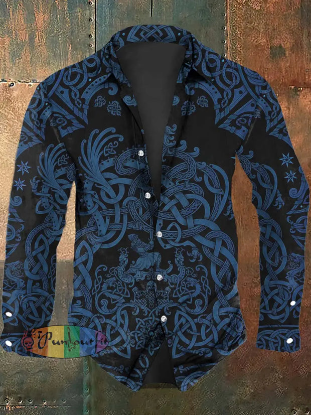 Mens Vintage Viking Totem Print Long Sleeve Shirt As Picture / S