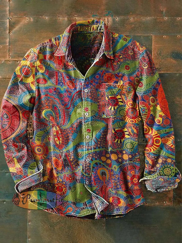 Mens Vintage Western Abstract Print Casual Lapel Long Sleeve Shirt As Picture / S