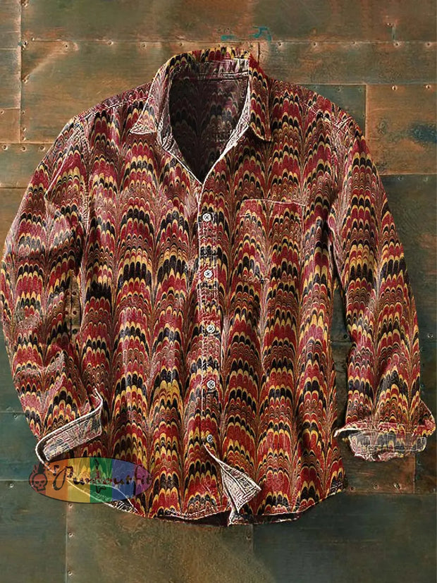 Mens Vintage Western Abstract Print Casual Lapel Long Sleeve Shirt As Picture / S