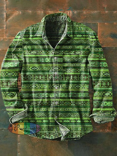 Men’s Vintage Western Pattern Print Casual Lapel Long Sleeve Shirt As Picture / S