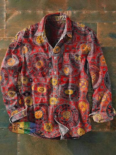 Men’s Vintage Western Pattern Print Casual Lapel Long Sleeve Shirt As Picture / S