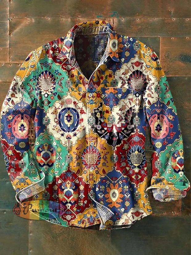 Men’s Vintage Western Pattern Print Casual Long Sleeve Lapel Shirt As Picture / S