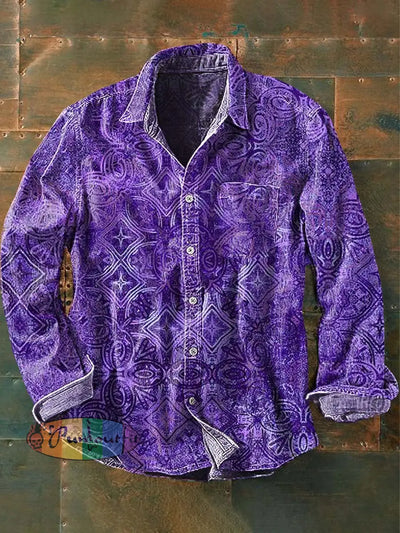 Men’s Vintage Western Pattern Print Casual Long Sleeve Lapel Shirt As Picture / S