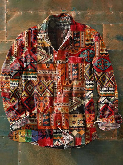 Men’s Vintage Western Pattern Print Casual Long Sleeve Lapel Shirt As Picture / S