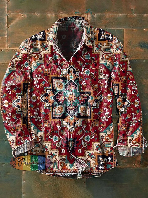 Men’s Vintage Western Pattern Print Casual Long Sleeve Lapel Shirt As Picture / S