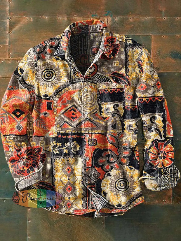 Men’s Vintage Western Pattern Print Casual Long Sleeve Lapel Shirt As Picture / S