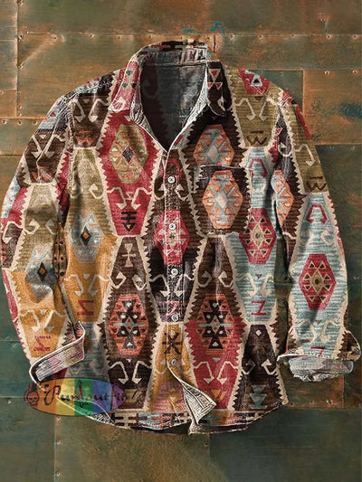 Men’s Vintage Western Pattern Print Casual Long Sleeve Lapel Shirt As Picture / S