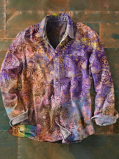 Men’s Vintage Western Pattern Print Casual Long Sleeve Lapel Shirt As Picture / S