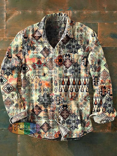 Men’s Vintage Western Pattern Print Casual Long Sleeve Lapel Shirt As Picture / S