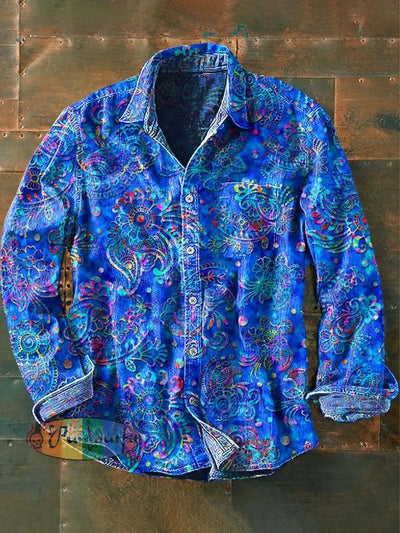 Men’s Vintage Western Print Casual Long Sleeve Shirt As Picture / S