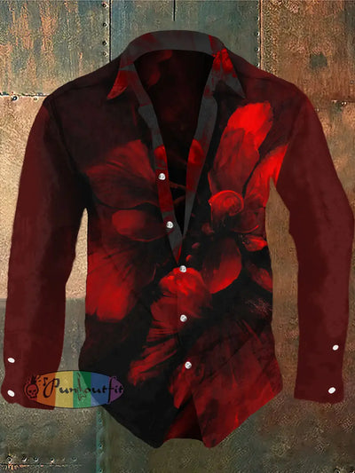 Men’s Wealth Flower Print Casual Shirt Long Sleeve Red / S