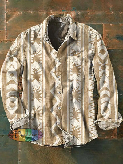 Men’s Western Print Casual Lapel Long Sleeve Shirt As Picture / S