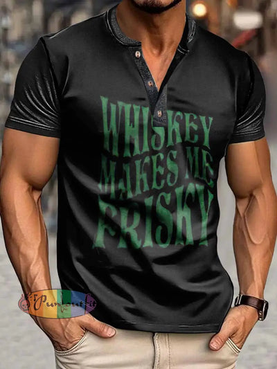 Men’s Whisky Print Henley Neck Short Sleeve T-Shirt Black / S