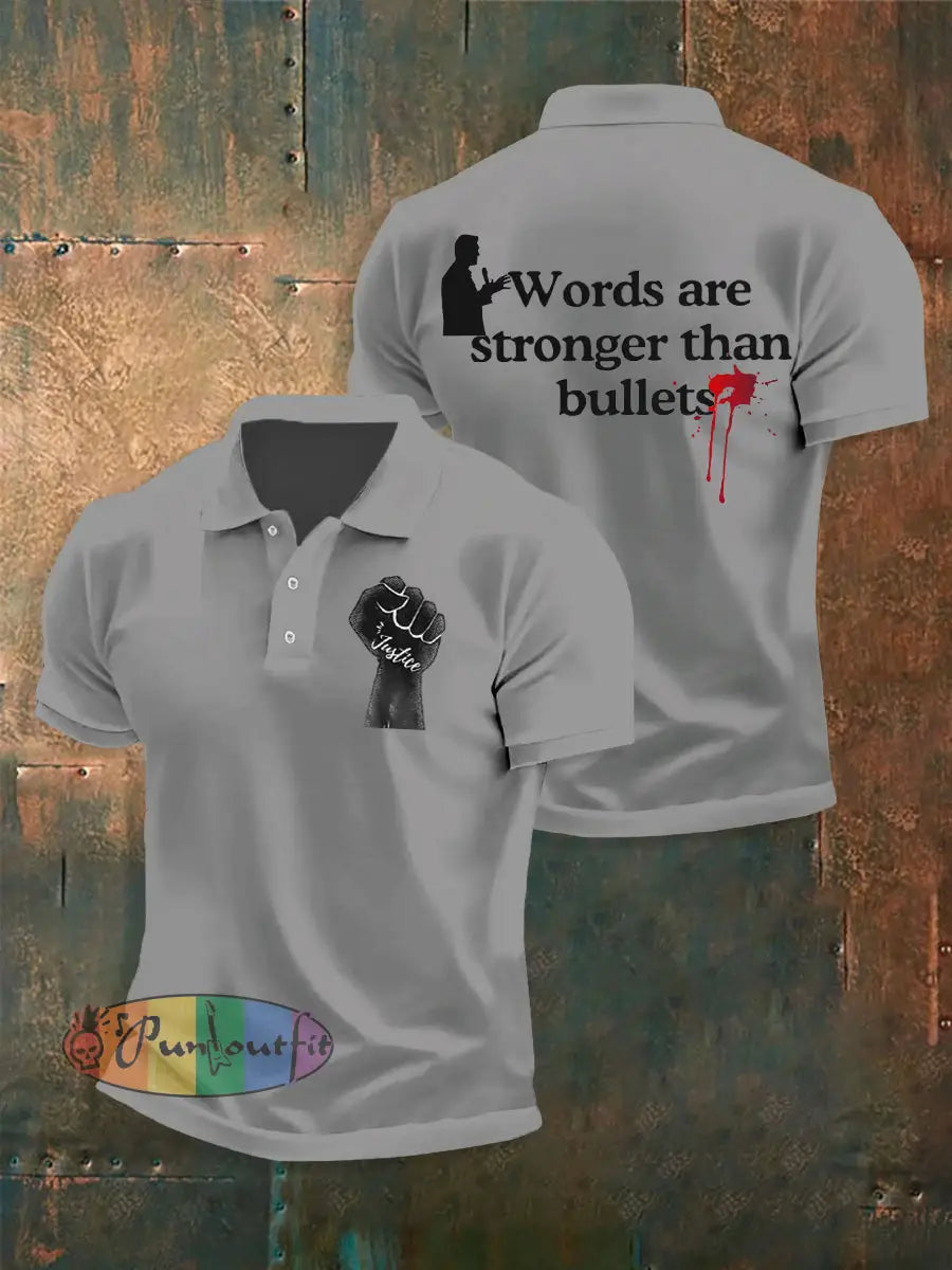 Men’s Words Are Stronger Than Bullets Print Shirt Light Gray / S