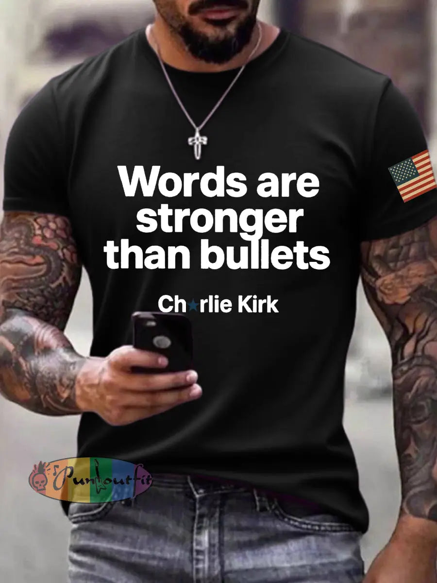 Men’s Words Are Stronger Than Bullets Print T-Shirt Black / S