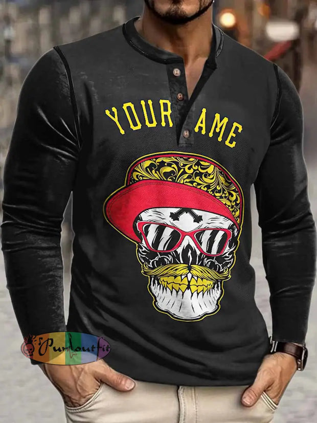 Men’s You Are Skull Print Henley Neck Long Sleeve T-Shirt Black / S