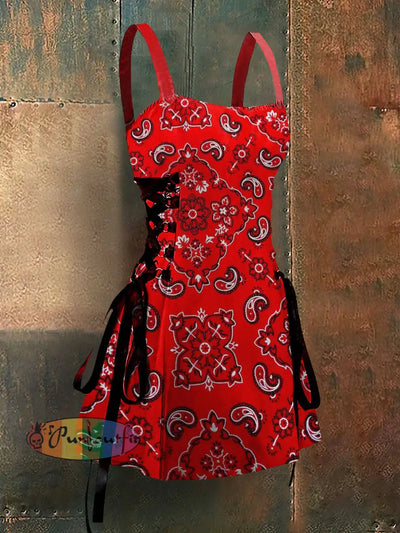 National Style Art Print Strappy Sleeveless Mini Dress Red / S