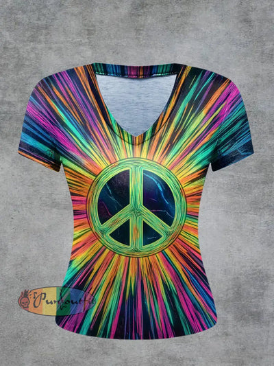 Peaceful Printed Vintage Fashion Loose V-Neck Short Sleeve T-Shirt Colorful / S