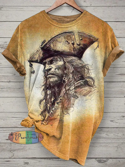 Pirate Printed Vintage Fashion Loose Short Sleeve T-Shirt Yellow / S