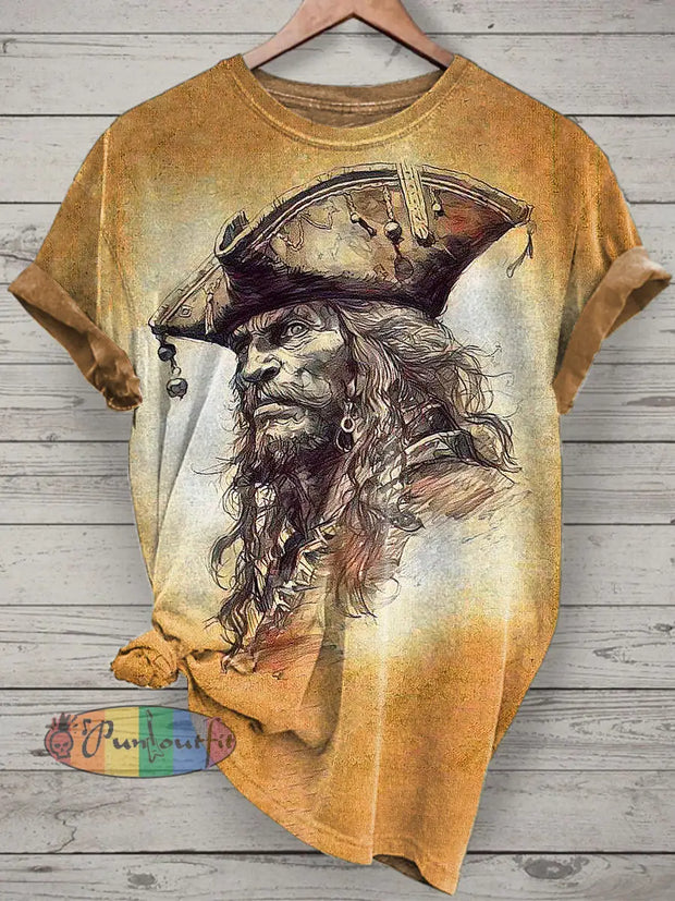 Pirate Printed Vintage Fashion Loose Short Sleeve T-Shirt Yellow / S