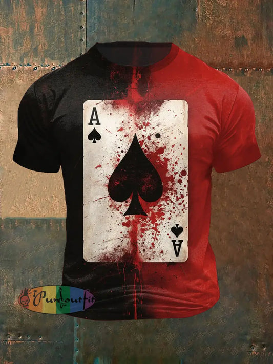 Playing Card Printed Vintage Fashion Loose Short Sleeve T-Shirt Black-Red / S