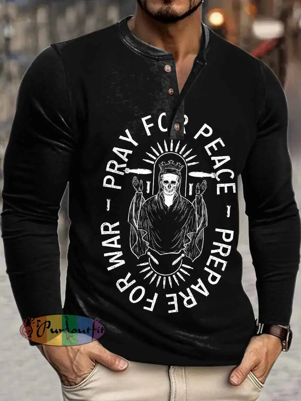 Pray For Peace Print Henley Neck Long Sleeve T-Shirt Black / S