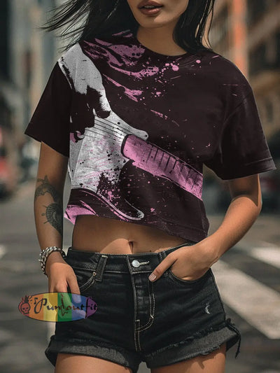 Punk Guitar Print Design Casual Cropped T-Shirt Black / S