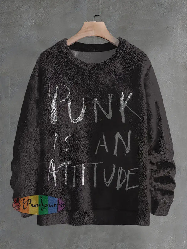 Punk Is An Art Attitude Print Casual Knit Pullover Sweater Dark Gray / S