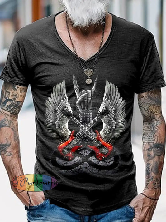 Punk Music Guitar Printed Vintage Fashion Loose V-Neck Short Sleeve T-Shirt Black / S