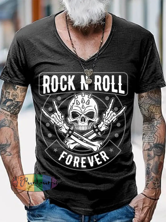 Punk Music Guitar Printed Vintage Fashion Loose V-Neck Short Sleeve T-Shirt Black / S
