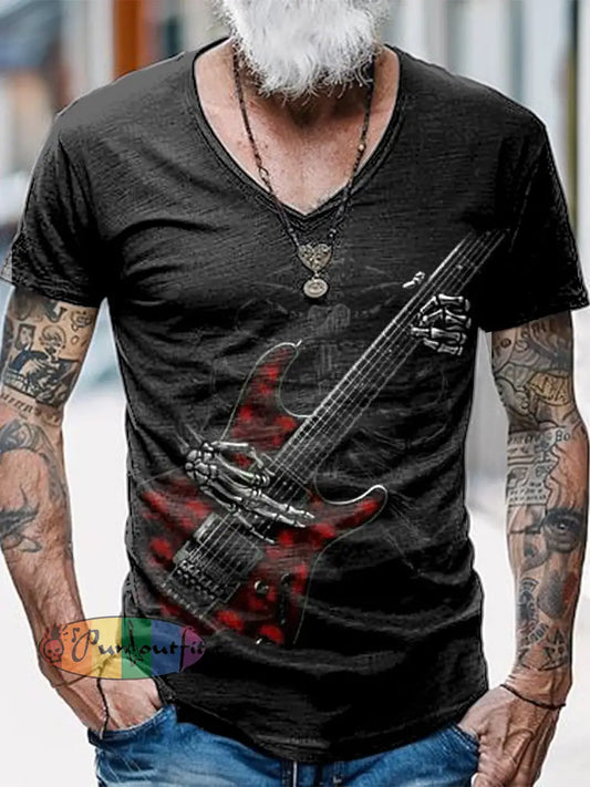 Punk Music Guitar Printed Vintage Fashion Loose V-Neck Short Sleeve T-Shirt Black / S