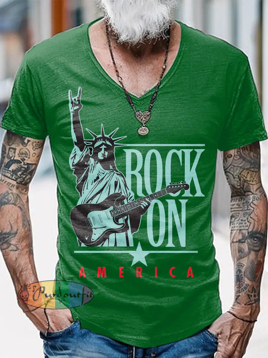 Punk Music Guitar Printed Vintage Fashion Loose V-Neck Short Sleeve T-Shirt Green / S