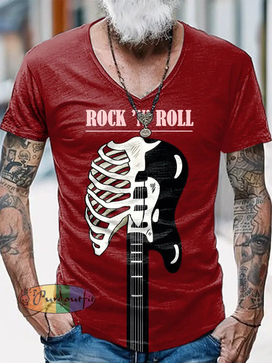 Punk Music Guitar Printed Vintage Fashion Loose V-Neck Short Sleeve T-Shirt Red / S