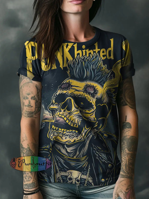 Punk Skull Smoking Dark Horror Gothic Halloween Art Print T-Shirt Black / S