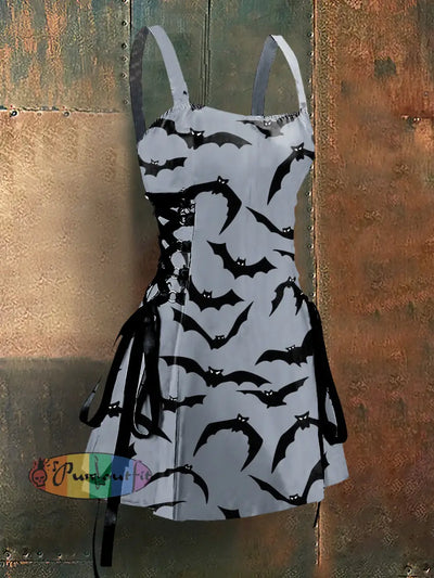 Punk Style Bats Art Print Strappy Sleeveless Mini Dress Colorful / S