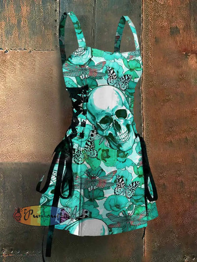 Punk Style Butterfly Skull Art Print Strappy Sleeveless Mini Dress Colorful / S