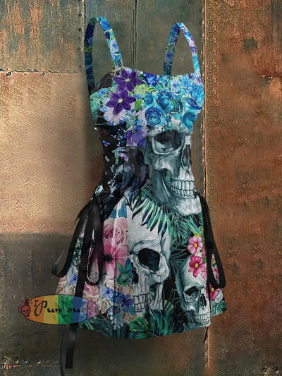 Punk Style Color Skulls Art Print Strappy Sleeveless Mini Dress Colorful / S