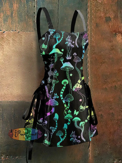 Punk Style Fantasy Mushrooms Art Print Strappy Sleeveless Mini Dress Black / S