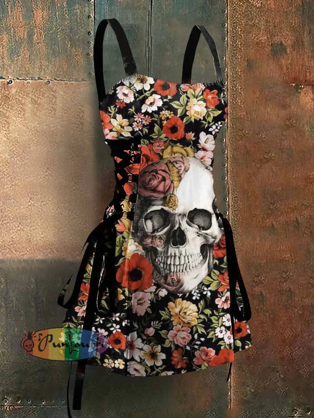 Punk Style Floral Art Print Strappy Sleeveless Mini Dress Colorful / S