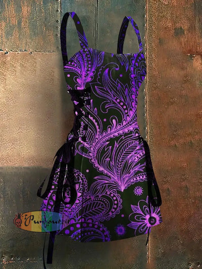 Punk Style Leaf Art Print Strappy Sleeveless Mini Dress Colorful / S