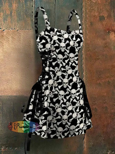 Punk Style Pirate Skull Art Print Strappy Sleeveless Mini Dress Black / S