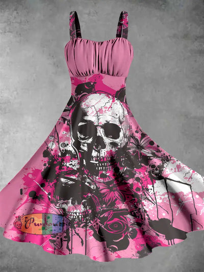 Punk Style Rose And Skull Print Sleeveless Midi Dress Pink / S