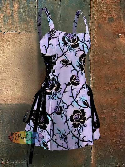 Punk Style Rose Art Print Strappy Sleeveless Mini Dress Colorful / S