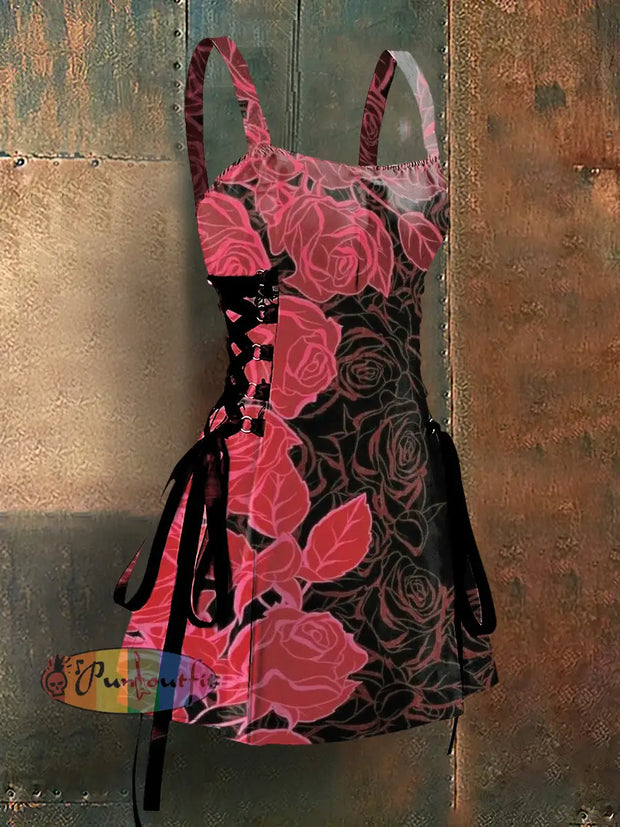 Punk Style Rose Art Print Strappy Sleeveless Mini Dress Red / S