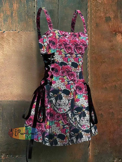 Punk Style Rose Skull Art Print Strappy Sleeveless Mini Dress Colorful / S