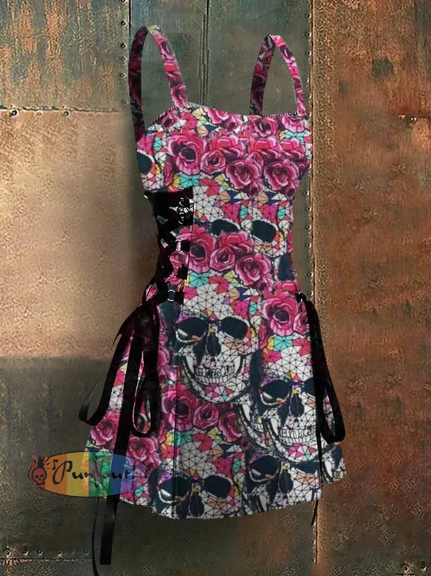 Punk Style Rose Skull Art Print Strappy Sleeveless Mini Dress Colorful / S