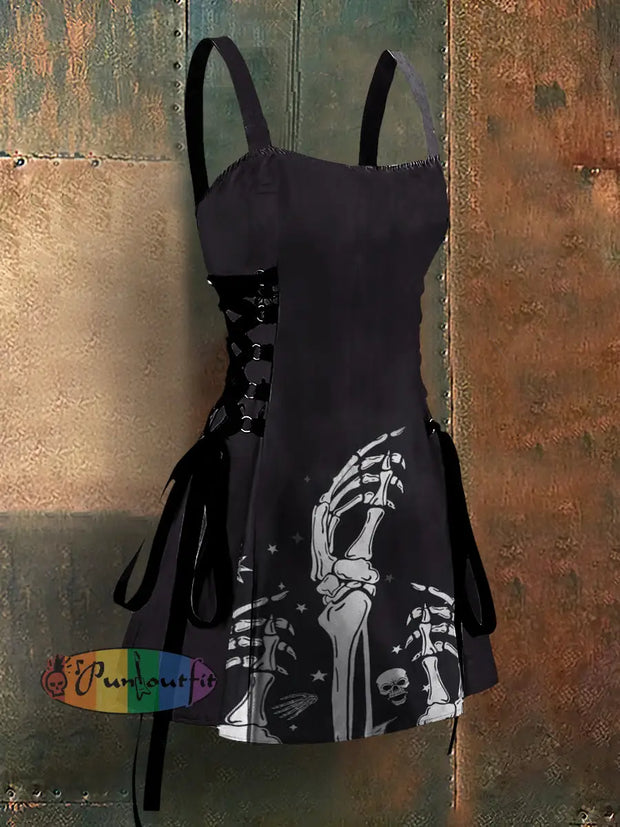 Punk Style Skeleton Hand Art Print Strappy Sleeveless Mini Dress Black / S